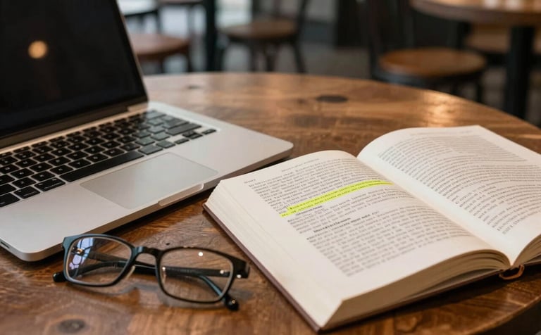 Photography of a close-up on a charcoal wooden table in a North American / US urban cafe. A laptop is open next to an open book with highlighted text and spectacles. The lighting is warm and focused, suggesting deep intellectual work.