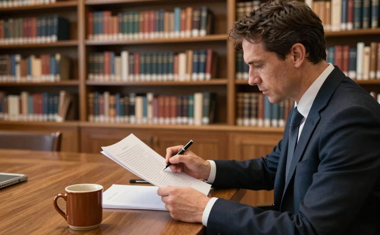 Photography of a professional in a sophisticated North American / US library setting. They are reviewing a printed manuscript with a pen. The background features floor-to-ceiling wooden bookshelves and a warm brown ceramic mug on the table.