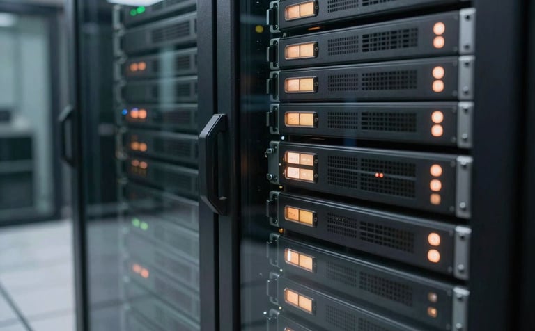 A detailed, professional photography shot of a high-tech server dashboard reflecting on a polished glass surface. The scene is set in a modern South American data center environment, using a palette of charcoal, warm sand, and subtle terracotta light indicators.