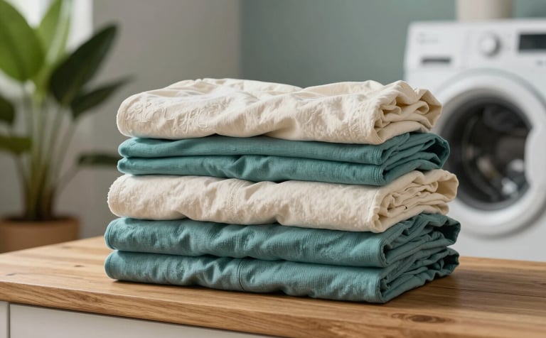 Clean, neatly folded laundry stacked on a wooden surface in a modern South American laundry room. Soft green plants in the background. High-key lighting, professional and calming. Palette: muted teal and cream.