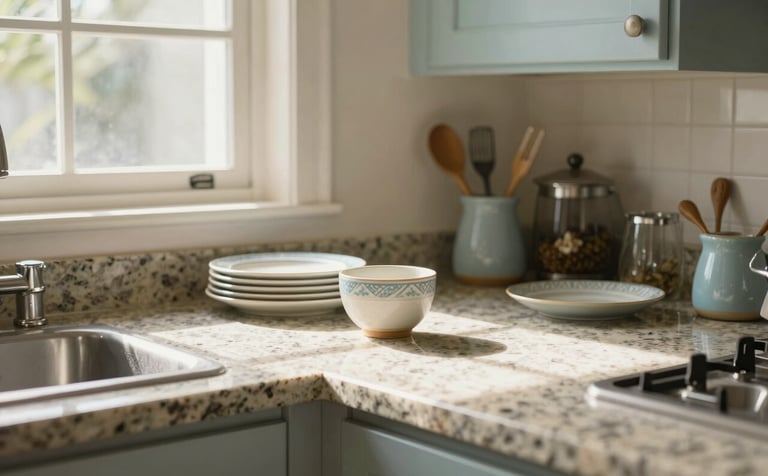 A bright and airy South American kitchen with polished surfaces and organized utensils. Soft sunlight streams through a window, highlighting a clean granite countertop. Professional photography, sharp focus, using cream and light blue tones.