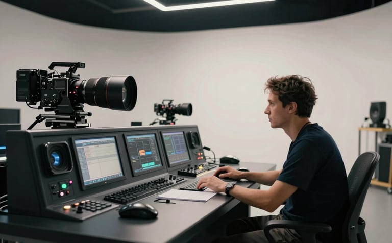 A sophisticated film production studio with a professional director sitting at a high-end console. The lighting is moody with deep navy shadows and soft off-white highlights on the equipment. The aesthetic is modern and cinematic, conveying innovative creative industry leadership.