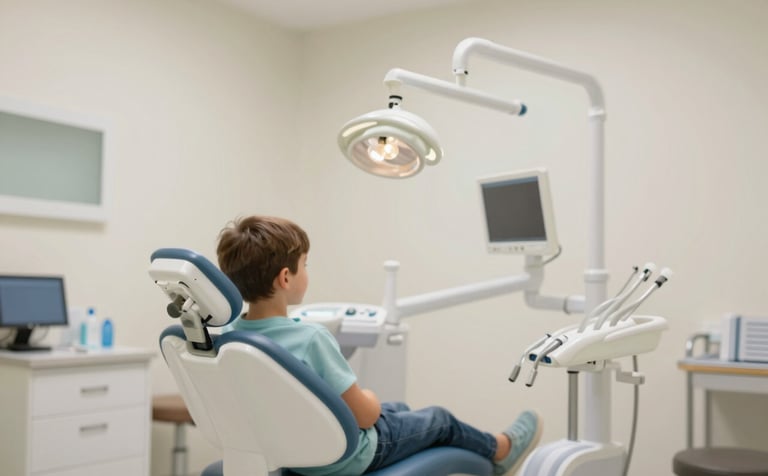 A cozy and friendly children's dental setup with warm lighting. The room is newly renovated with off-white walls (#F7F5EC) and professional dental equipment that looks non-threatening and modern.