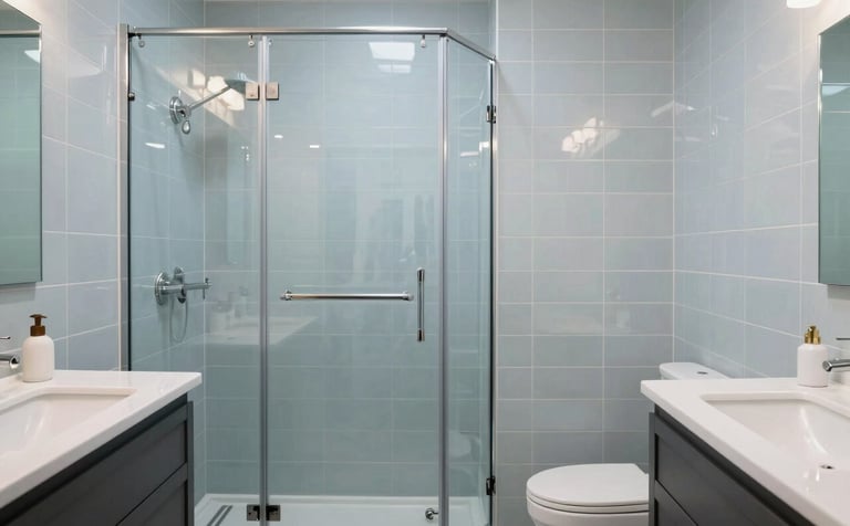 A contemporary bathroom renovation in a North American / Canadian (with South Asian cultural influence) residential setting. Features include soft light blue tiling, a sleek glass walk-in shower, and a minimalist vanity. The lighting is bright and clean, reflecting modern craftsmanship.