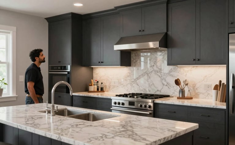 A high-end modern kitchen in a North American / Canadian (with South Asian cultural influence) home. The kitchen features custom dark slate grey cabinetry, professional lighting, and polished quartz countertops. A professional renovation expert is visible in the background inspecting the work.