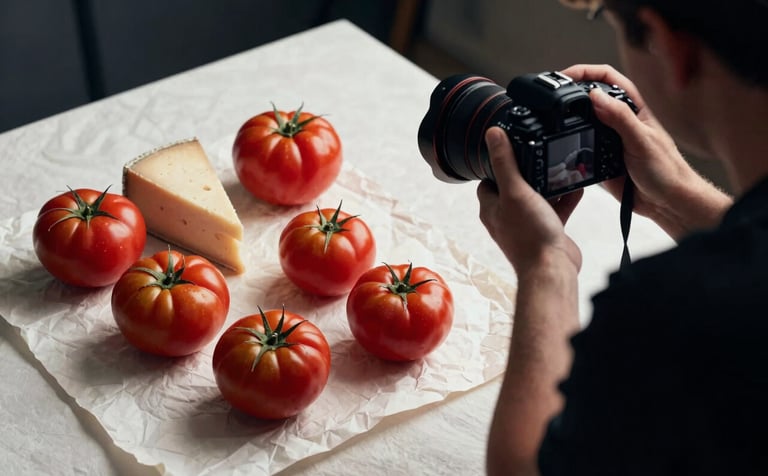 A professional photographer in a Western European / North American studio, capturing a flat lay of fresh heirloom tomatoes and artisanal cheeses on a crisp parchment colored cloth. High-contrast lighting with deep ripe crimson tones.