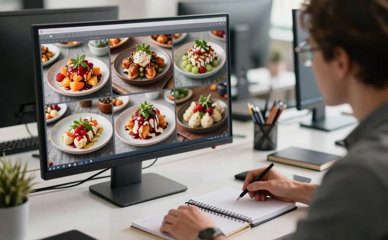 A creative agency professional in a Western European / North American setting, reviewing high-quality food photography on a large monitor, surrounded by notebooks on a clean desk.
