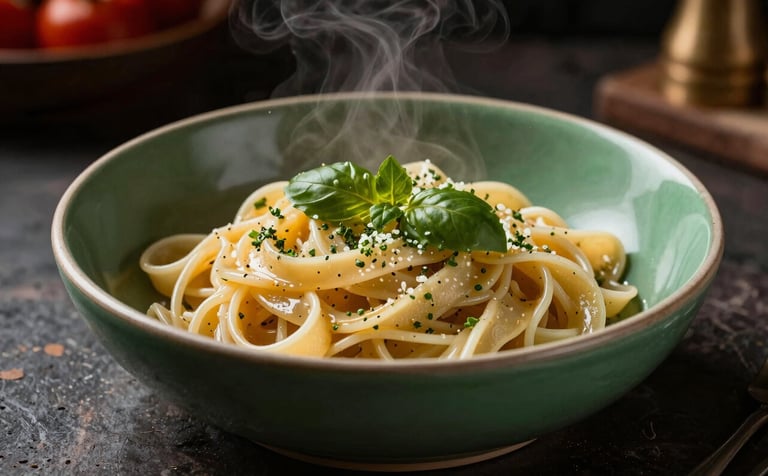 A close-up, high-contrast photograph of a steaming bowl of artisanal pasta in a cozy, dimly lit Western European / North American restaurant setting with matte forest green accents and rustic textures.
