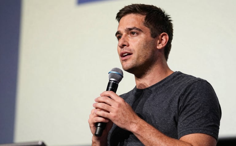 Close-up of a motivational speaker holding a microphone on a stage in a North American / US conference hall. Background is a soft alabaster with hints of slate blue, capturing a moment of powerful oratory leadership.
