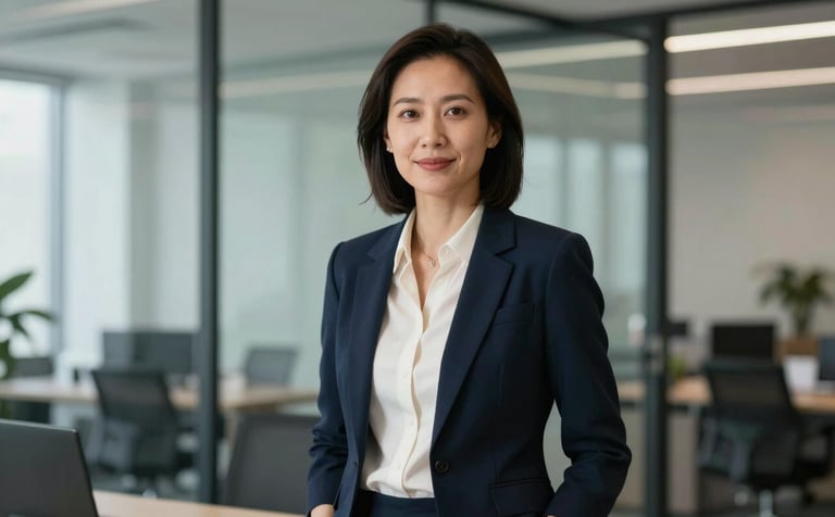 A clean, professional portrait of a business coach in a modern North American / US glass-walled office, wearing attire in midnight navy and soft alabaster. The lighting is soft and natural, emphasizing a leadership mood.