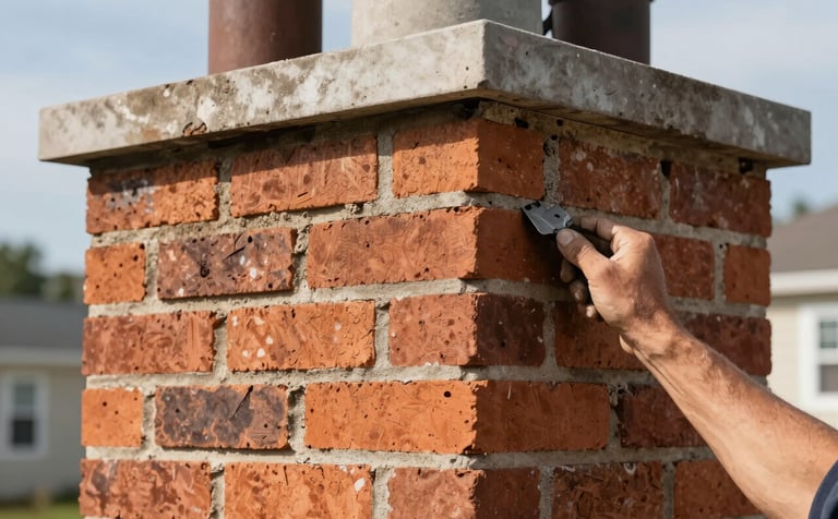 A close-up of expert masonry repair on a brick chimney in a North American residential setting. The shot shows clean mortar work and vibrant orange-toned bricks under bright daylight.