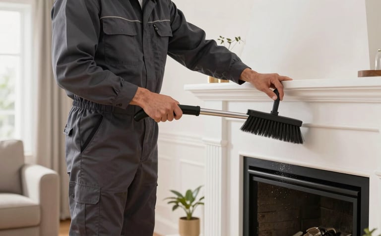 A professional chimney sweep in a dark gray uniform using modern brush equipment to clean a fireplace in a bright North American living room. The style is clean and professional photography with a focus on efficient service.