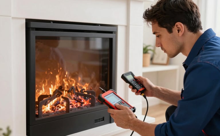 A detailed shot of a service technician inspecting a modern gas fireplace in a contemporary North American home. The technician is using professional diagnostic tools, emphasizing expertise and care.