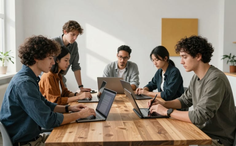 A professional North American / US creative studio setting where a team of focused developers and designers are collaborating around a large wooden desk with modern tablets and high-end laptops. The room is filled with soft, natural morning light, featuring a clean white and grey interior with subtle amber yellow accents in the decor.