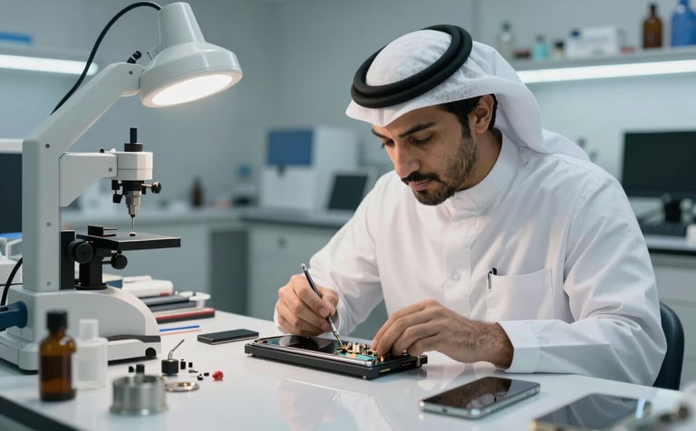 A focused expert technician in a clean, modern lab in a Middle Eastern / Gulf setting, using professional tools to repair a mobile phone. Soft clinical lighting, white and blue tones, reflecting precision and trust.