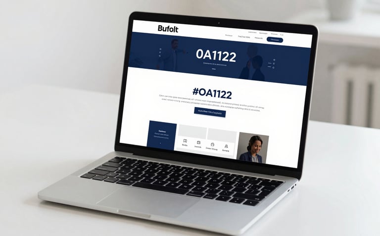 A sleek, modern laptop open on a clean white desk, showcasing a high-conversion professional website interface. Soft natural lighting. The website on screen uses a clean #0A1128 brand palette with professional typography.