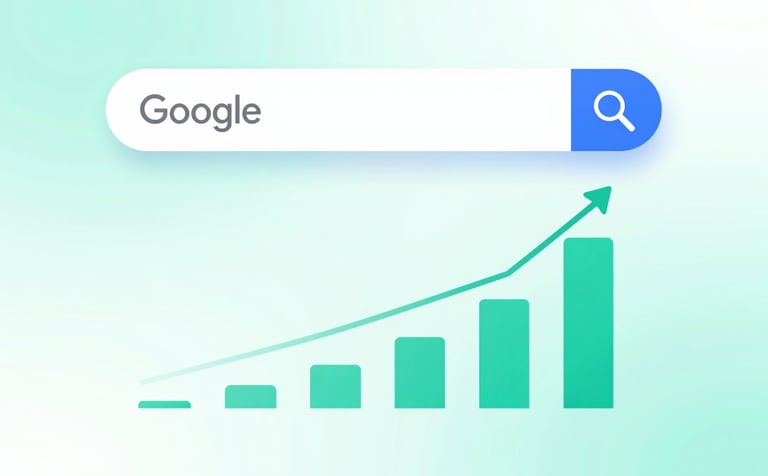 A professional and confident image showing a growth graph climbing upwards integrated with a Google search bar. The background uses a soft #E0F2F7 gradient. Visual elements in #1B3A5C and #3D798C represent digital progress and visibility.