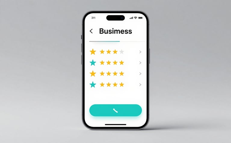 A high-quality 3D render of a smartphone displaying a localized Google Maps business profile for a modern small business. The interface shows five-star ratings and a call button. Accents of #3D798C and #E0F2F7 are visible in the UI. Clean, soft studio lighting.