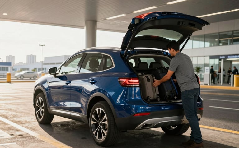 A spacious dark blue SUV at a modern airport terminal drop-off zone in a Latinoamericano city. A person is comfortably placing luggage into the large trunk. Bright morning sunlight, professional travel photography style emphasizing reliability and punctuality.