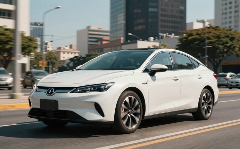 A sleek modern white sedan driving through a vibrant, sunlit city street in a Latinoamericano metropolis. Clean composition focusing on the car's efficiency and modern design. Professional street photography with soft shadows and a sense of movement, utilizing a light blue sky backdrop.