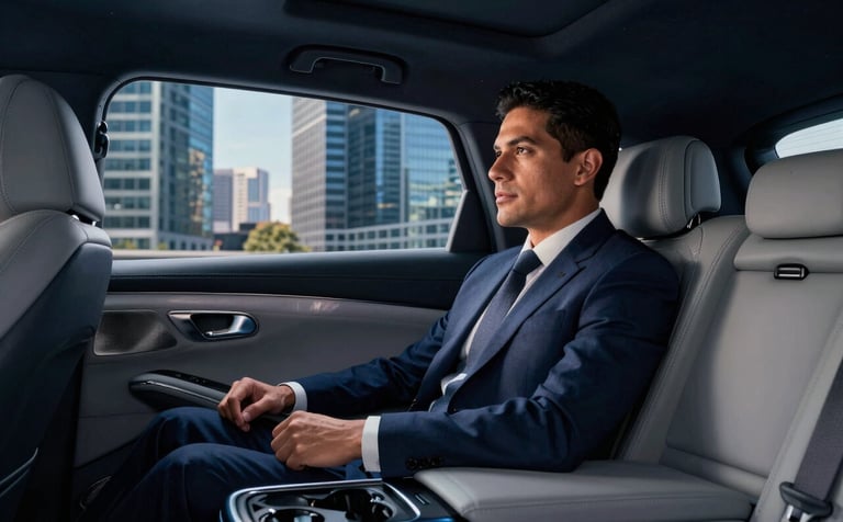 Interior of a premium luxury vehicle with high-quality leather seats and a professional driver in smart attire. View from the back seat showing a modern Latinoamericano business district through the window. Elegant lighting with dark blue and gray blue tones, reflecting high-end comfort.