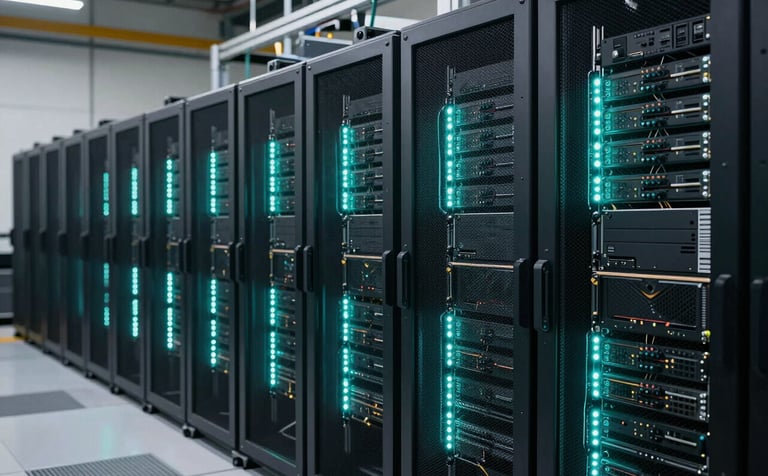 A sleek, high-tech cryptocurrency mining center in a Latinoamericano / Global Hispanohablante industrial setting. Rows of advanced server racks are lit with ambient vibrant teal LED strips. The photography is sharp and cinematic, highlighting a clean and secure financial infrastructure.