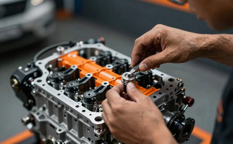 Close-up shot of a professional South American / Brazilian mechanic's hands in a modern garage, carefully assembling a high-performance engine. Dramatic lighting with vibrant orange highlights on metallic parts and a dark charcoal background. High-contrast, sharp technological style.