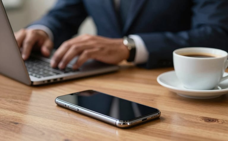 Close-up of a wooden desk with a sleek smartphone and a cup of Brazilian coffee. In the blurred background, a professional South American tele-attendance specialist works calmly, representing secure and reliable service in a sophisticated setting.