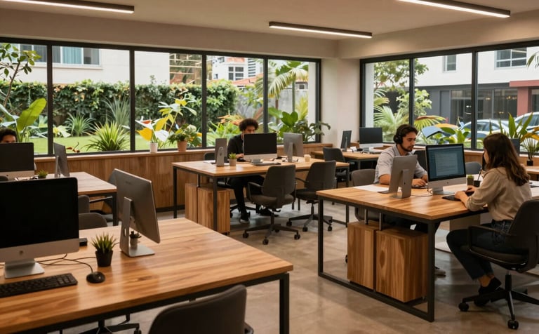 A wide-angle shot of a contemporary Brazilian co-working space featuring wooden desks, modern technology, and large windows revealing an urban garden. The lighting is warm and natural, creating an approachable and sophisticated community environment.