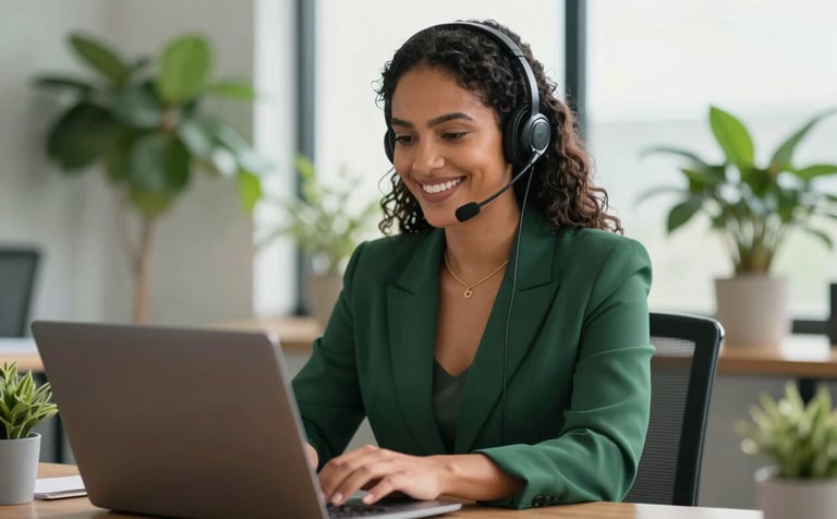 A professional South American woman wearing a high-quality headset and a dark green blazer, smiling while looking at a laptop screen in a bright, modern office in Brazil. The background shows soft natural light and lush green indoor plants, reflecting a grounded and professional atmosphere.