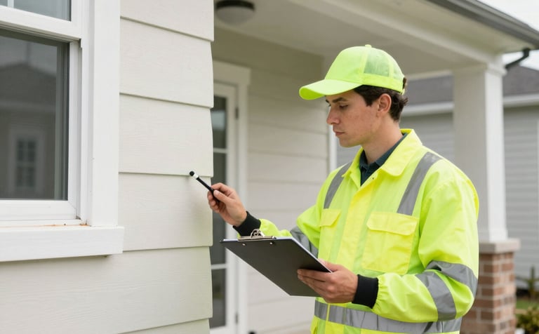 A professional pest control technician in a clean uniform with a clipboard, inspecting the exterior foundation of a modern North American / US residential home. Bright daylight, clear focus, featuring vibrant safety green and soft off-white tones.