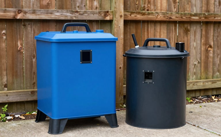 High-quality professional pest bait stations and application equipment placed neatly near a wooden garden fence in a North American / US backyard. Professional and clean aesthetic with trustworthy professional blue and deep charcoal black accents.