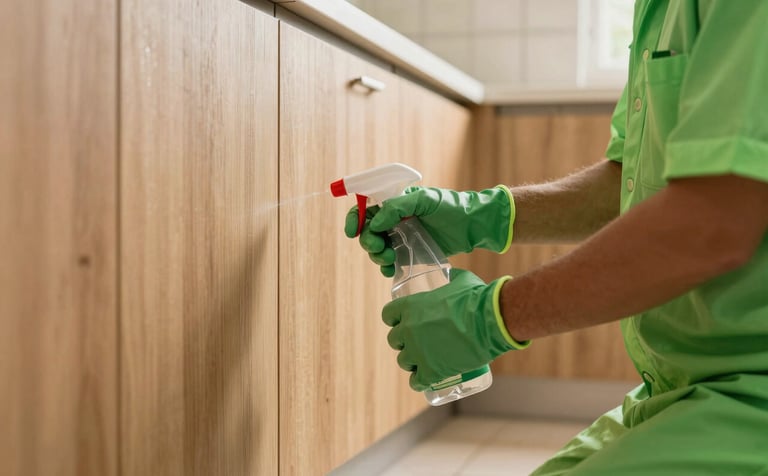 A reliable pest control expert in a modern North American / US home kitchen, applying eco-friendly spray along baseboards. Warm lighting, emphasizing safety and efficiency, with vibrant safety green highlights.
