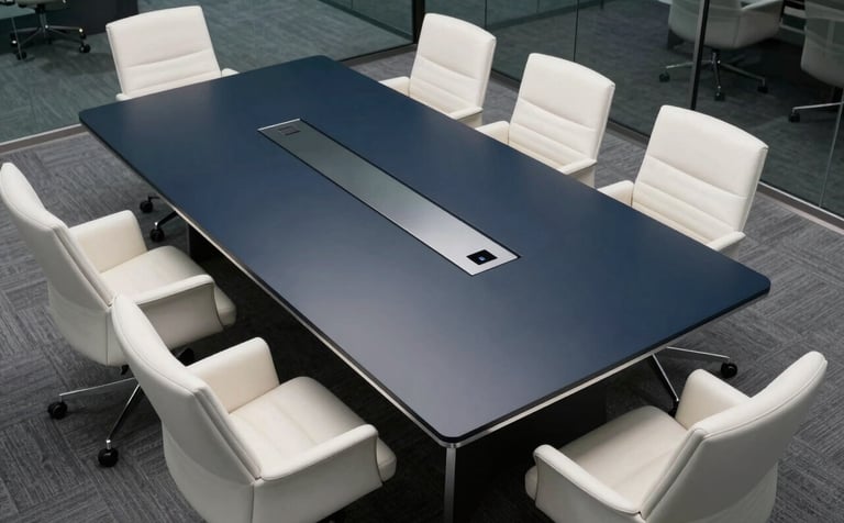 A high-angle photograph of a sleek, modern corporate boardroom. A large midnight navy table is surrounded by mist white chairs. The lighting is bright and professional, emphasizing clean glass lines and authority.