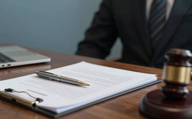 A professional consultation scene. A lawyer's desk featuring a silver pen and mist white documents. The atmosphere is calm and trustworthy, with accents of slate blue in the background textures.