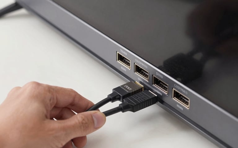 A clean, high-angle photograph of the back of a modern television with neatly labeled HDMI ports and cables. A person's hand is visible ensuring a secure connection in a bright, professional North American setting. Lighting is clear and functional.