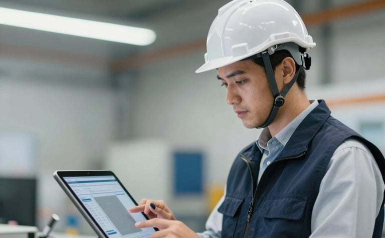 A close-up of a professional engineer in a white safety helmet and a navy blue vest #1A202C, looking at a digital tablet with technical site data. The lighting is bright and modern, set in a clean industrial facility. Sophisticated and reliable mood.