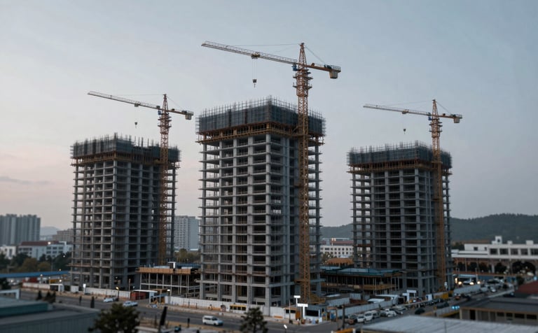 A wide view of a modern construction project at dusk, showing steel framing and high-rise structures. The lighting is crisp with cool tones of #A0AEC0 and #1A202C, highlighting precision and grand scale. Clean and professional photography.