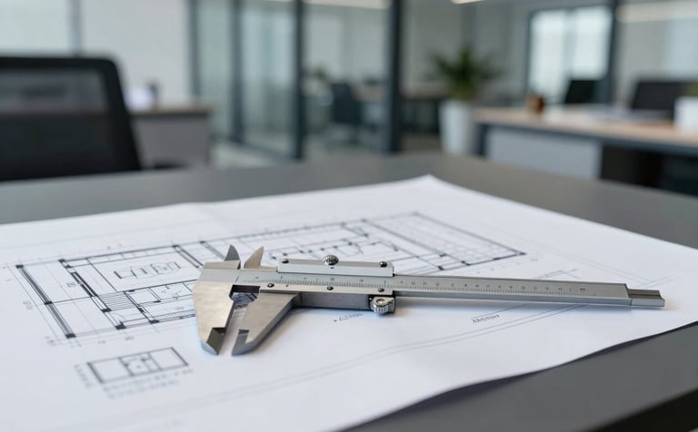 Architectural blueprints and a high-precision metal caliper resting on a sleek, dark office desk. In the background, a blurred modern office space with steel and glass elements. Professional, precise engineering theme with colors like #4A5568 and #A0AEC0.