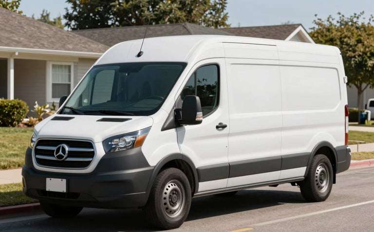Photography of a professionally branded service van parked on a suburban North American / US street. The scene is bright and conveys trust, with a clean steel blue and off-white color scheme. The composition shows the van at an angle, suggesting rapid response and mobility.