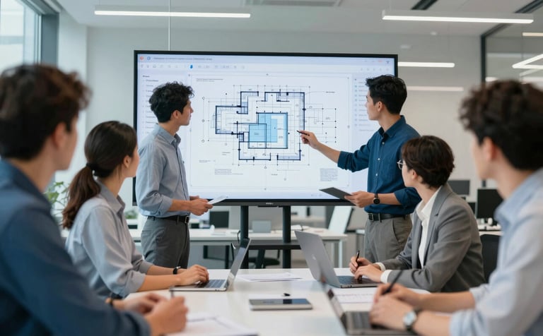 A professional engineering office in a European city. A diverse team of engineers in business casual attire are reviewing technical blueprints on a large screen. The lighting is bright and modern, with accents of #7094B9 and #1F3F6D in the office decor. High-tech, trustworthy atmosphere.