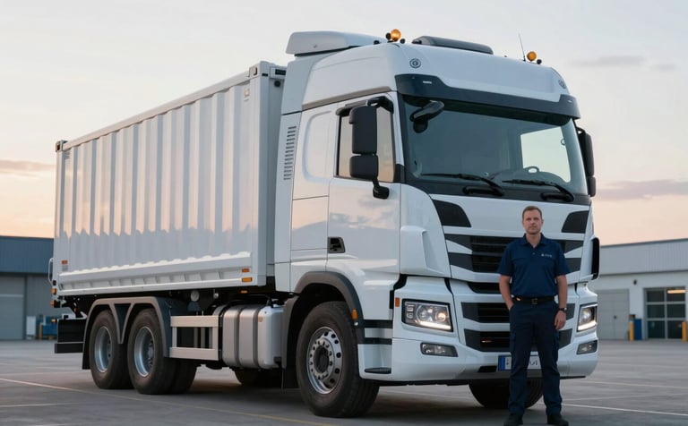A clean, modern heavy-duty truck parked at a professional logistics hub in Europe. The driver is standing beside it, looking professional and reliable. Background features a sunrise, with a palette emphasizing #EAF2F8 and #7094B9. Clear, sharp, results-oriented composition.