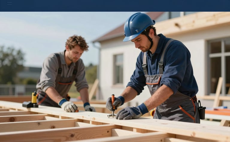 Skilled craftsmen working on a sustainable building project in Europe. One worker is using advanced tools while wearing professional safety gear. The lighting is crisp, natural daylight. Color palette includes #0A192F and #EAF2F8. Clean and modern aesthetic.