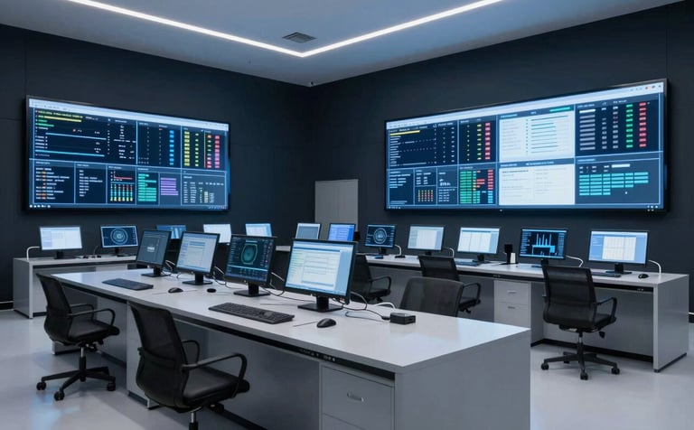 A sleek, modern industrial monitoring center in a North American / US plant. Large digital screens display data. The interior features dark charcoal navy walls and pale mist grey consoles, reflecting a technically sophisticated mood with cool blue lighting.