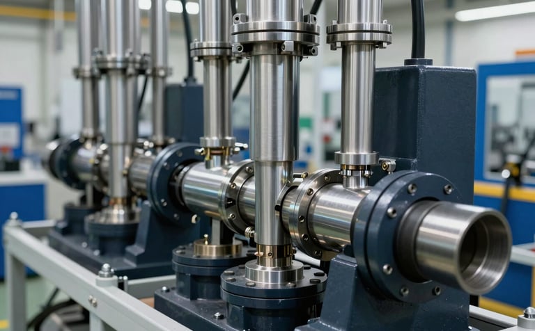 A sharp, detailed photograph of heavy-duty hydraulic pistons and stainless steel pneumatic lines inside a clean, modern North American / US manufacturing facility. The lighting is bright and industrial, emphasizing metallic textures and precision. The scene includes equipment painted in dark charcoal navy and muted azure accents.