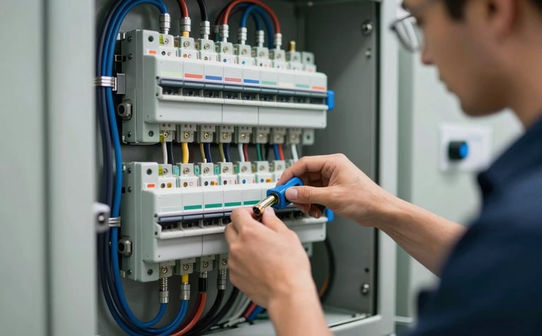 A focused professional in a North American / US industrial setting installing high-end electrical components into a control panel. The environment is technically sophisticated with tools and wires organized neatly. The color palette features pale mist grey equipment and deep steel blue conduits.