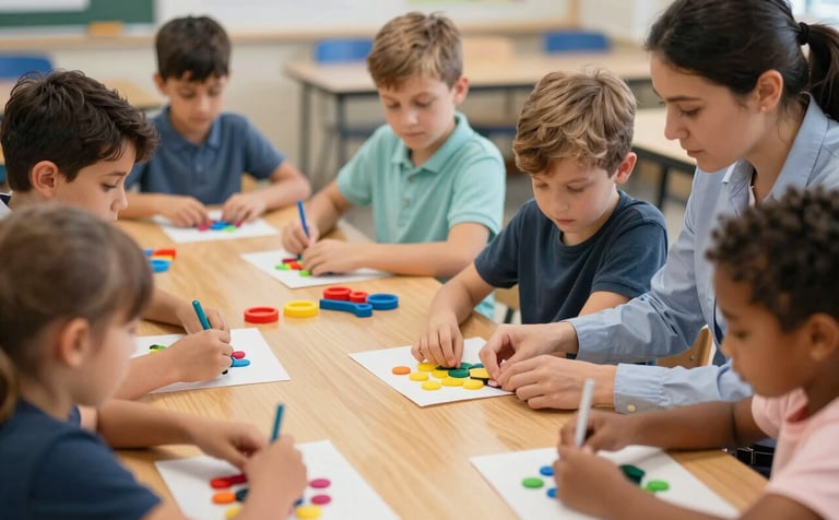 A group of diverse children in a classroom setting, focusing on tactile learning tools and colorful sensory materials on a wooden table. The scene is shot with a shallow depth of field, emphasizing inclusion and professional guidance.