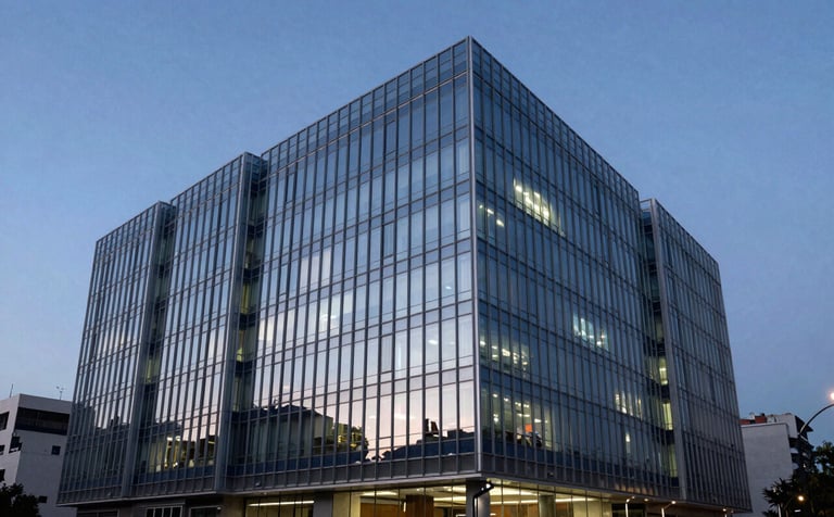 Modern architectural glass building in Guatemala City at twilight, representing corporate reliability and innovation. Sharp focus, deep blue and light gray lighting.
