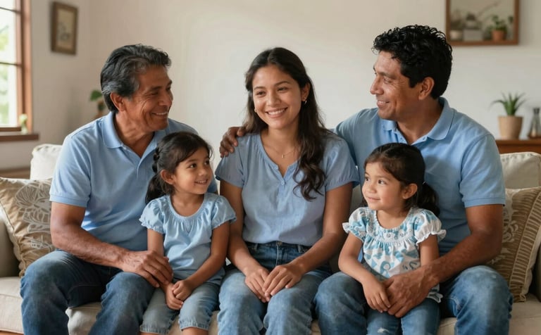 A happy Central American family in a sunlit Guatemalan living room, expressing security and peace of mind. Warm, professional photography with soft light blue and off-white tones.