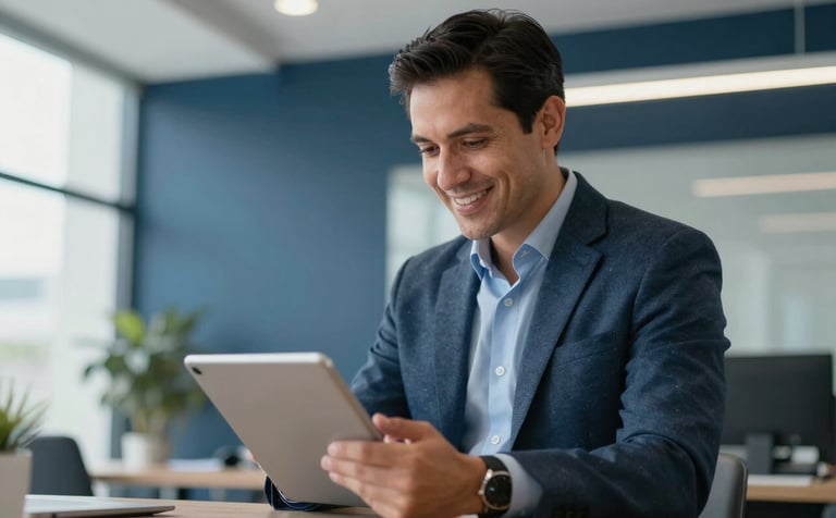 A professional Central American man in a modern, bright office in Guatemala City, smiling while using a digital tablet to review insurance policies. The lighting is clean and efficient, with a palette of dark blue and white in the background.